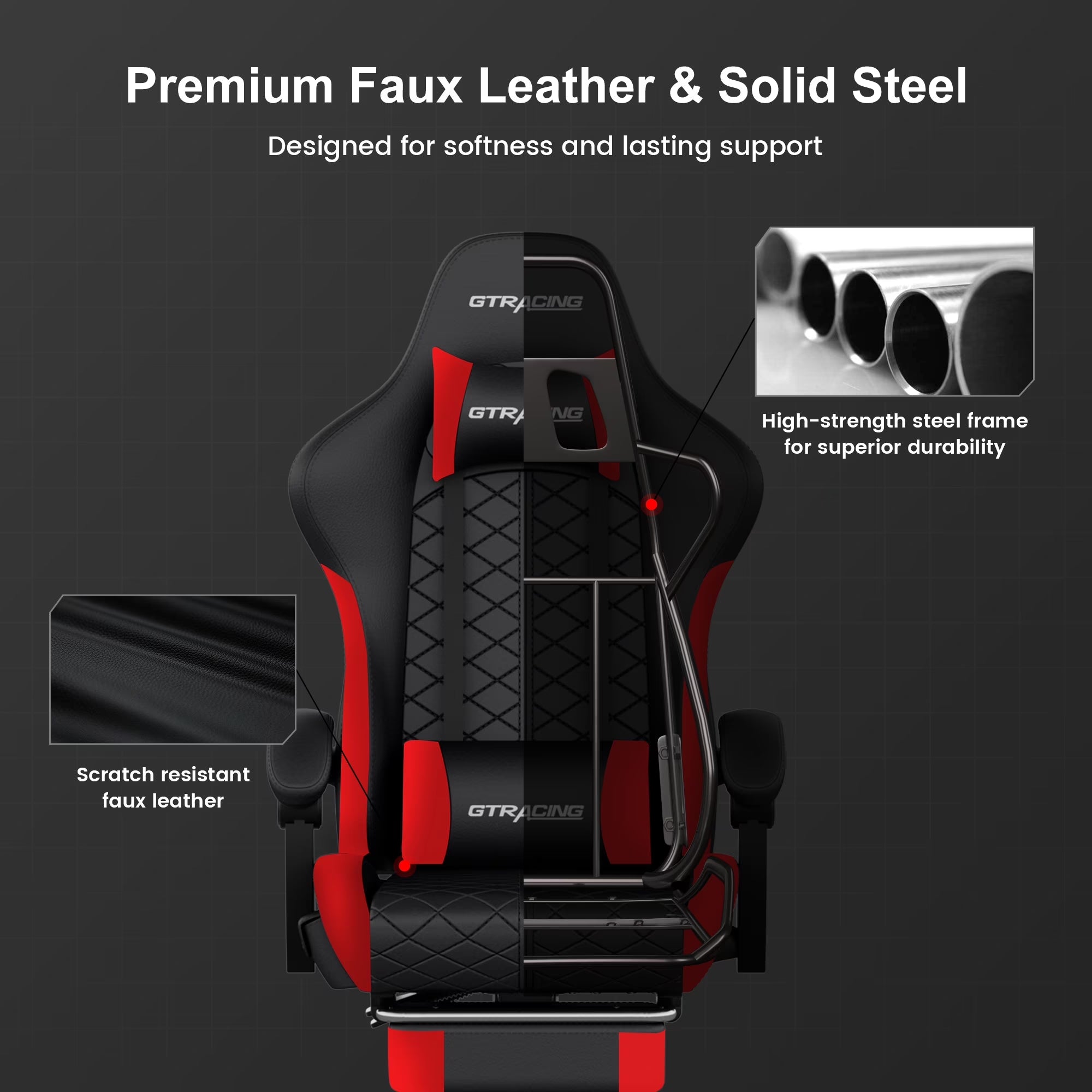 GTW-100 Reclining Gaming Chair with Bluetooth, Adjustable Pillows and Footrest, Red
