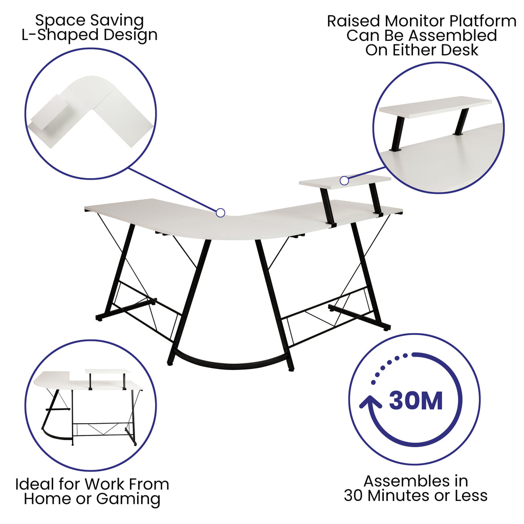 L-Shaped Computer White Desk, Gaming Desk, Home Office Desk, Black Frame