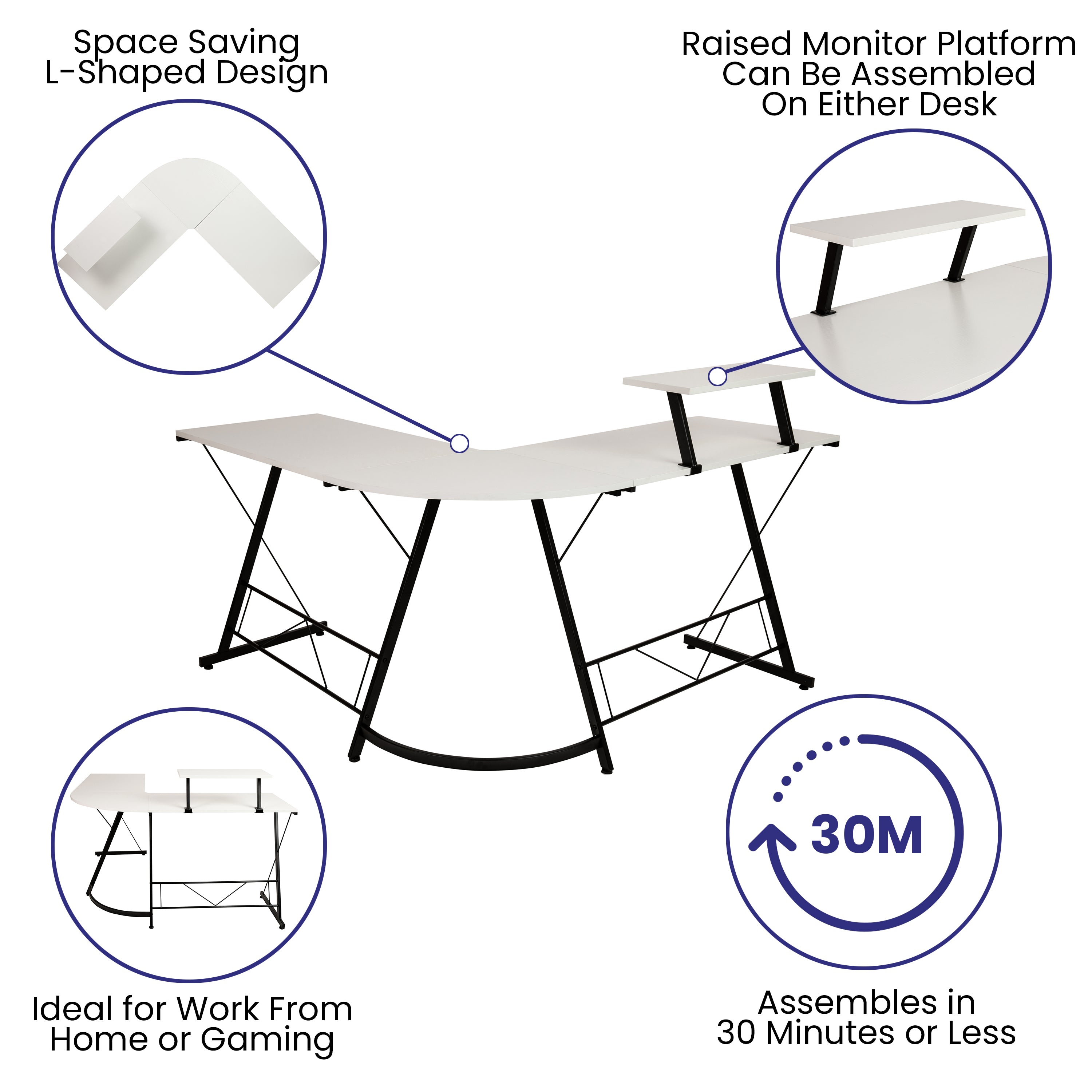 L-Shaped Computer White Desk, Gaming Desk, Home Office Desk, Black Frame