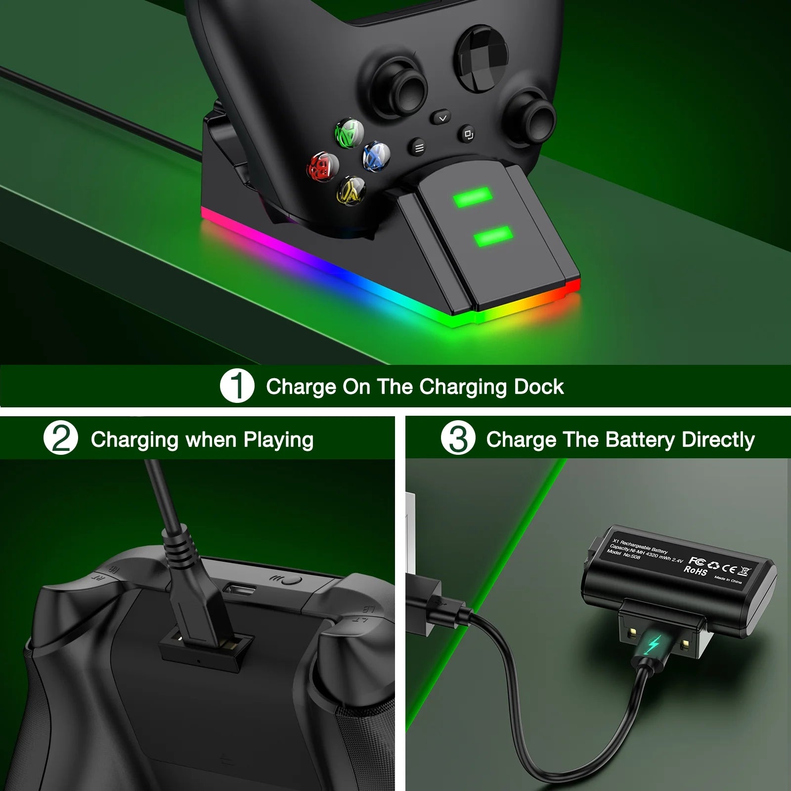 Xbox Rechargeable Battery Pack with 2X4320Mwh Battery Pack, Xbox Controller Charger Station for Xbox Series X/S/Xbox One/S/X/Elite,Black