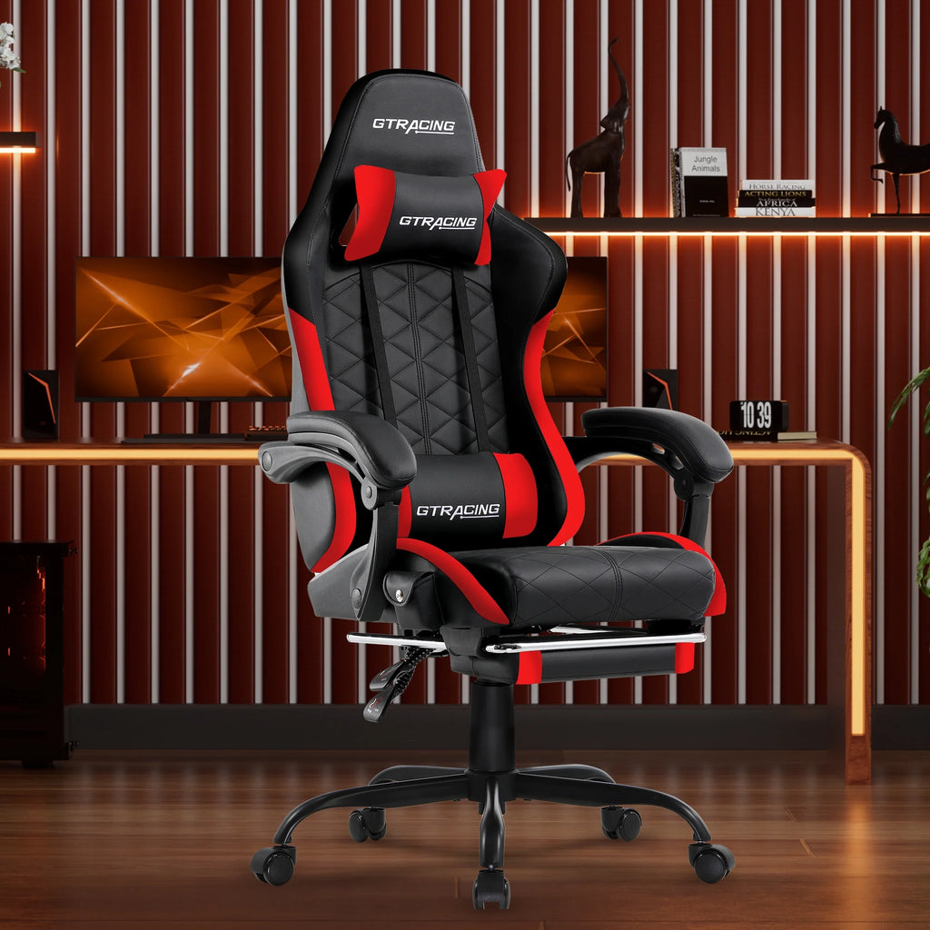 GTW-100 Reclining Gaming Chair with Bluetooth, Adjustable Pillows and Footrest, Red