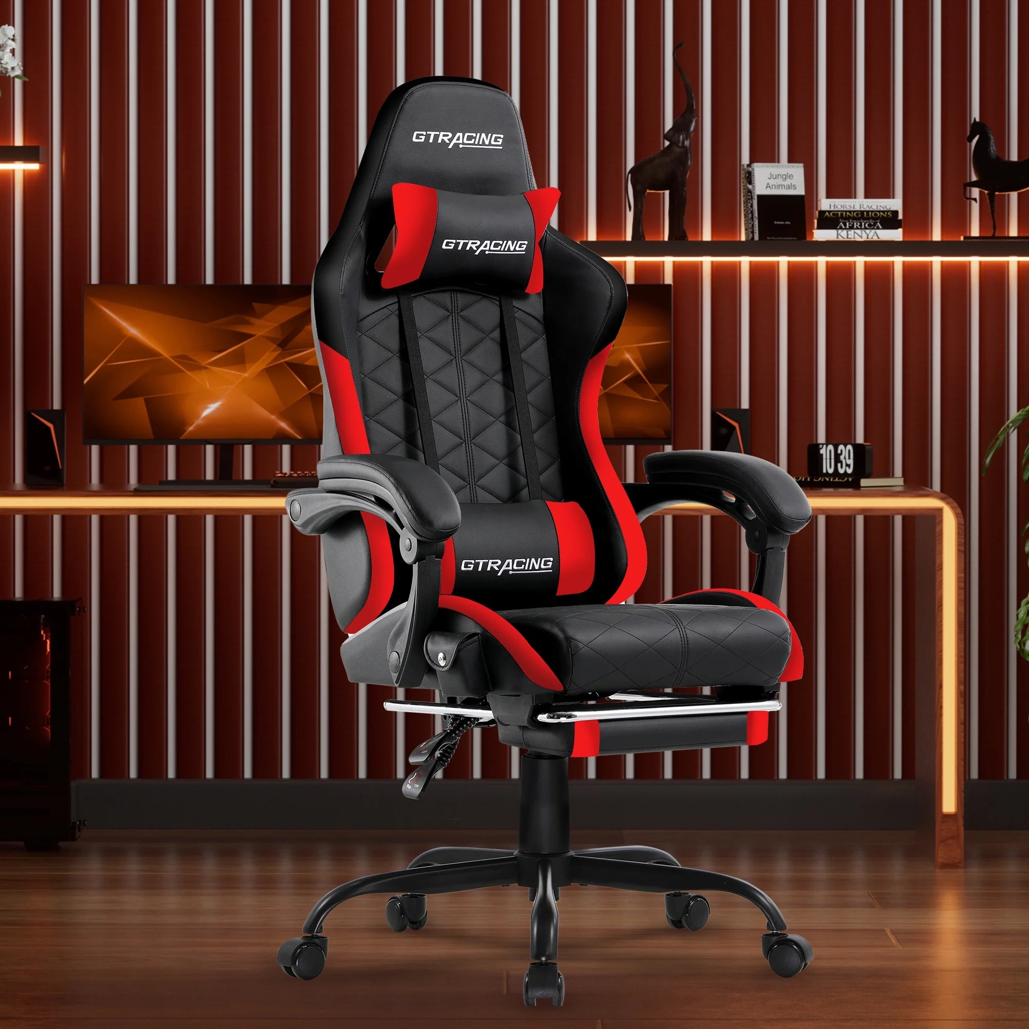 GTW-100 Reclining Gaming Chair with Bluetooth, Adjustable Pillows and Footrest, Red