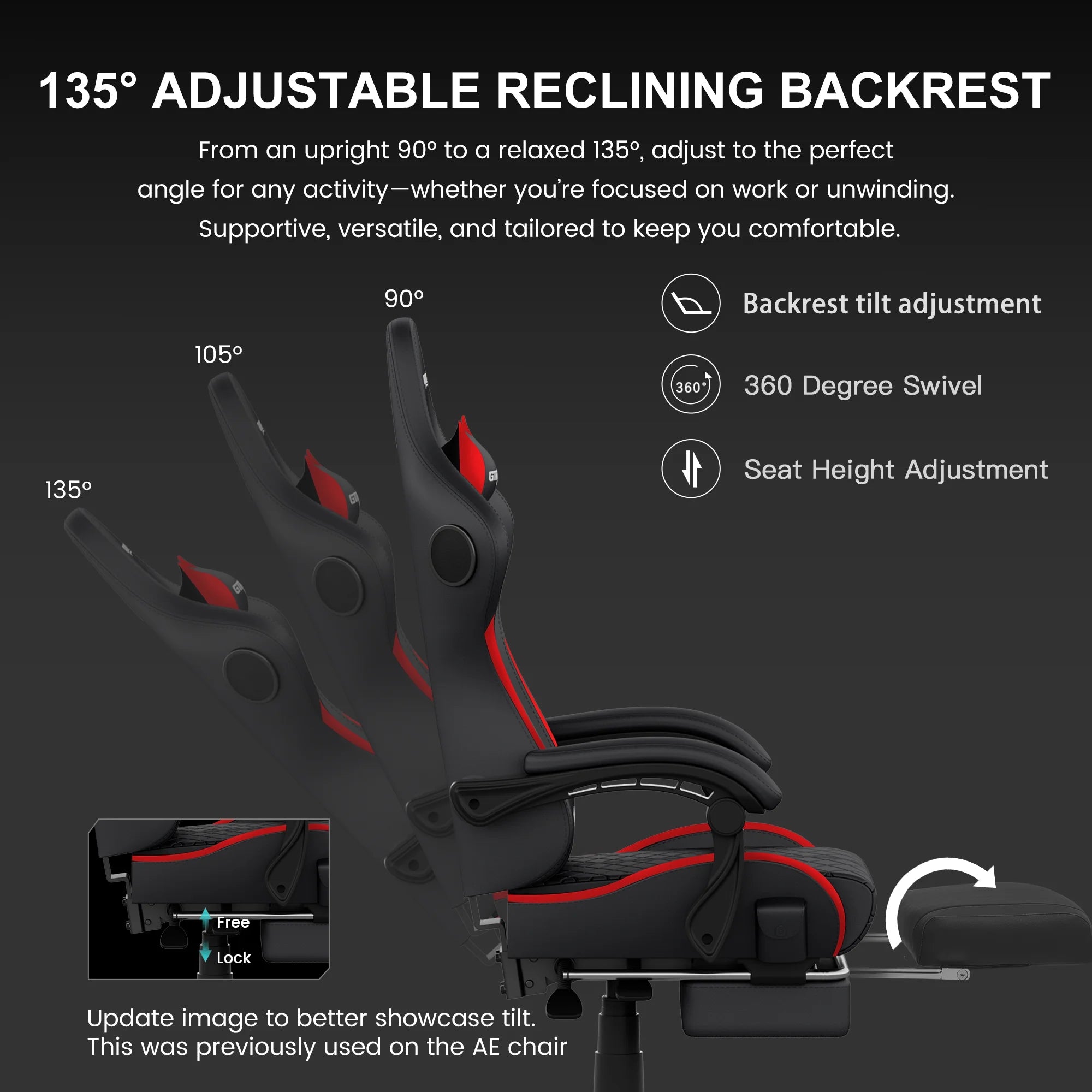 GTW-100 Reclining Gaming Chair with Bluetooth, Adjustable Pillows and Footrest, Red