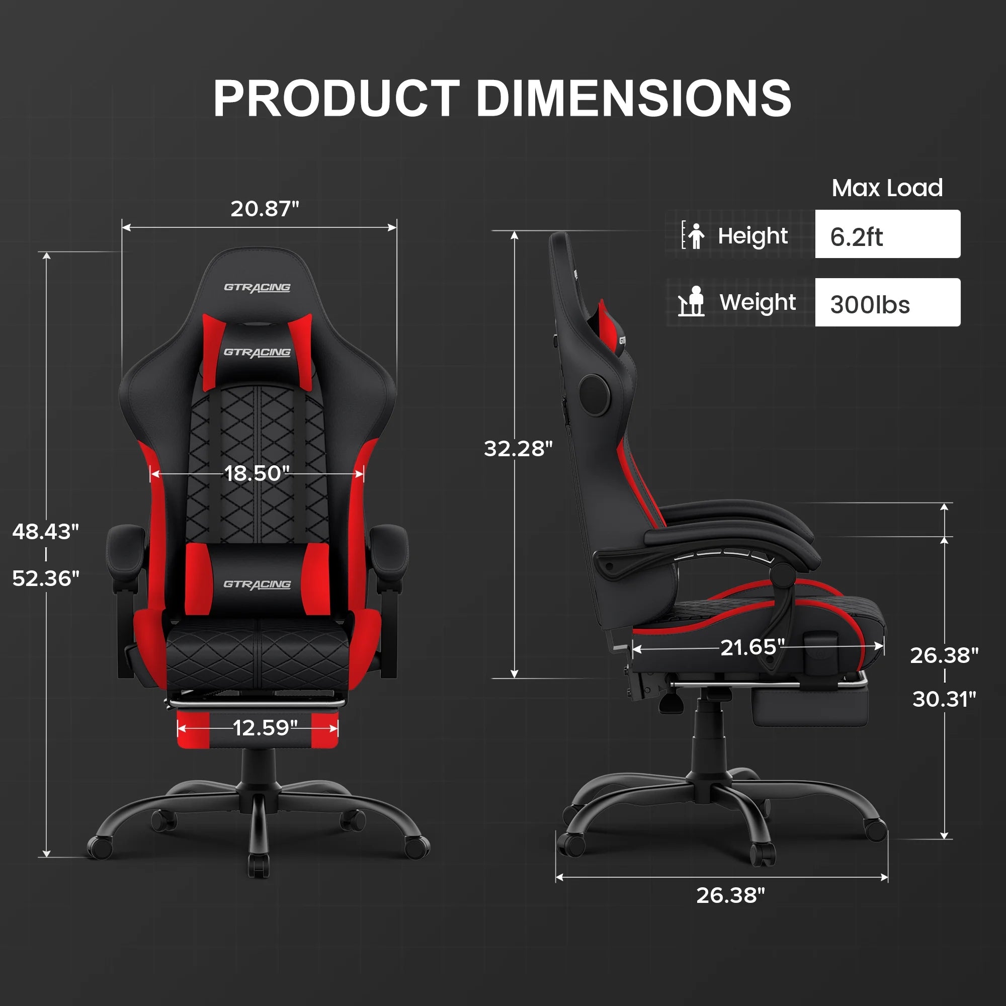 GTW-100 Reclining Gaming Chair with Bluetooth, Adjustable Pillows and Footrest, Red