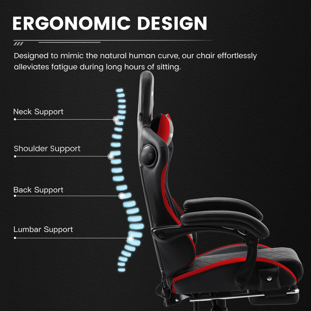 GTW-100 Reclining Gaming Chair with Bluetooth, Adjustable Pillows and Footrest, Red