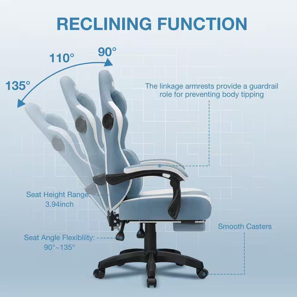 Fabric Reclining Ergonomic Gaming Chair in Blue/White with Bluetooth Speakers and Vibration Lumbar Pillow